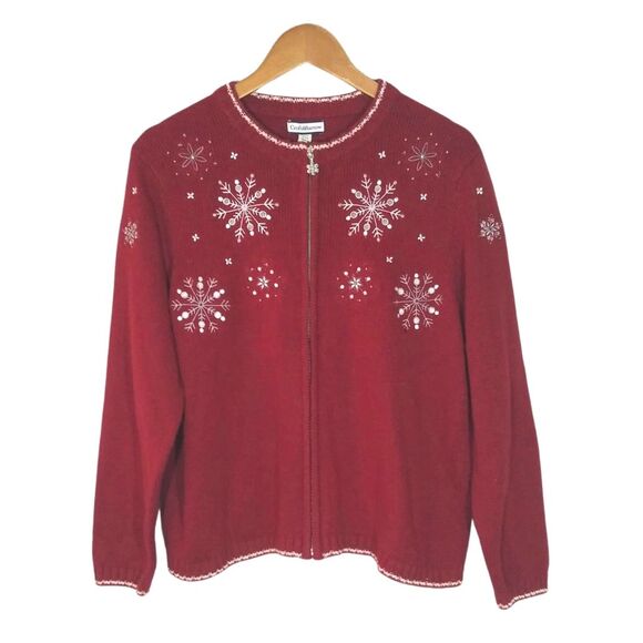 Croft & Barrow Cranberry Snowflake Holiday Zip Front Knit Grandma Cardigan Sz XL - Picture 1 of 8